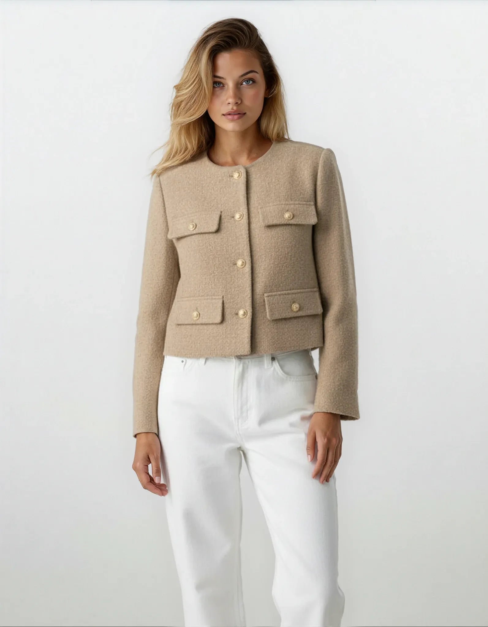 Savile – Cropped Collarless Blazer with Gold Buttons