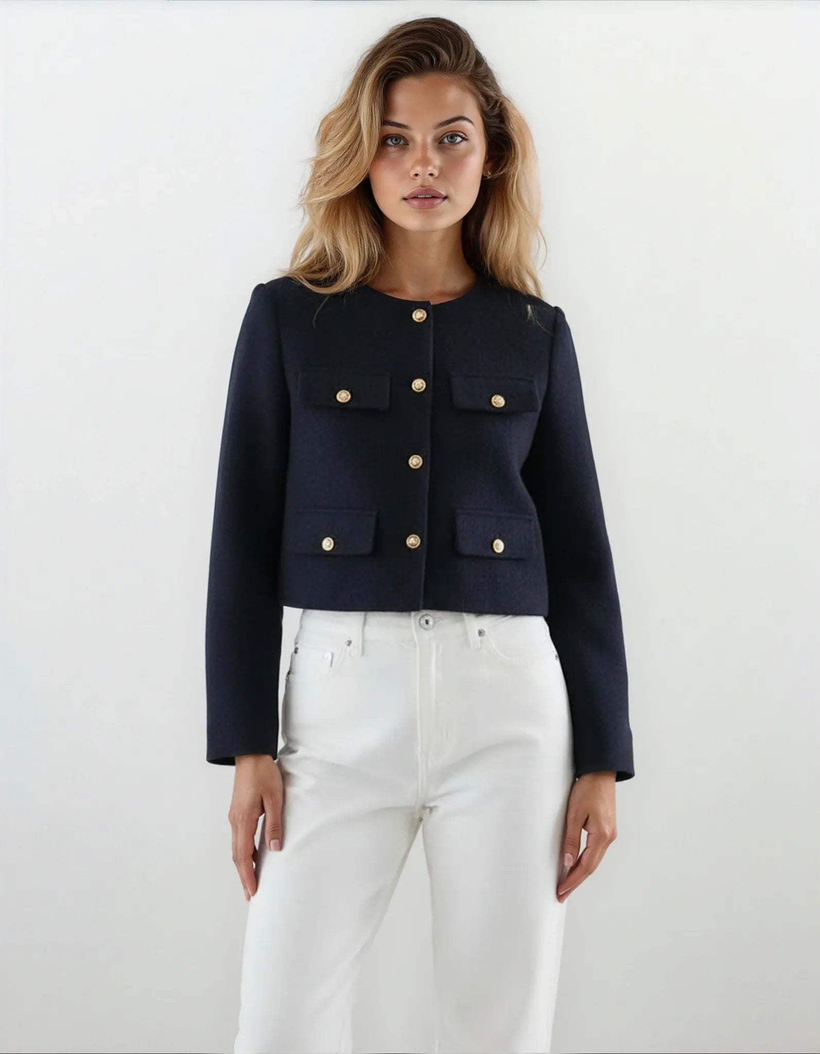 Savile – Cropped Collarless Blazer with Gold Buttons