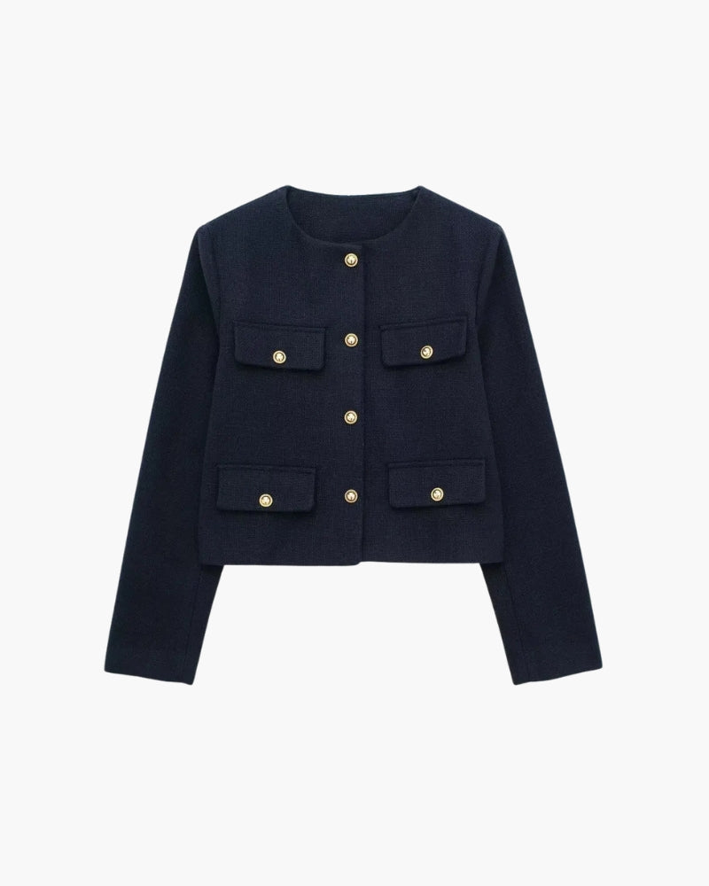 Savile – Cropped Collarless Blazer with Gold Buttons