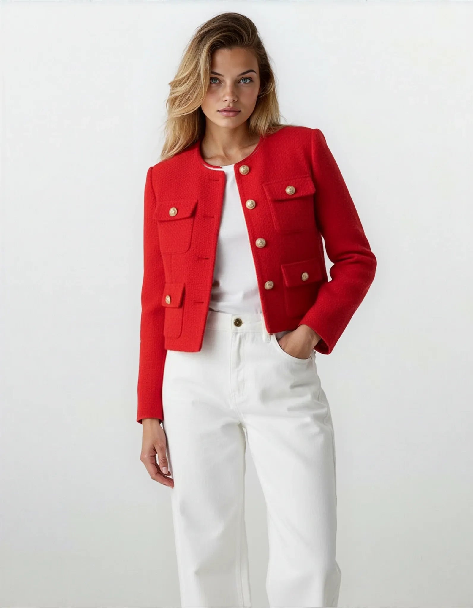 Savile – Cropped Collarless Blazer with Gold Buttons