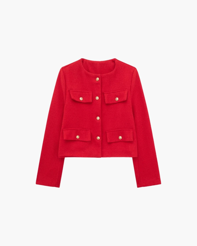 Savile – Cropped Collarless Blazer with Gold Buttons