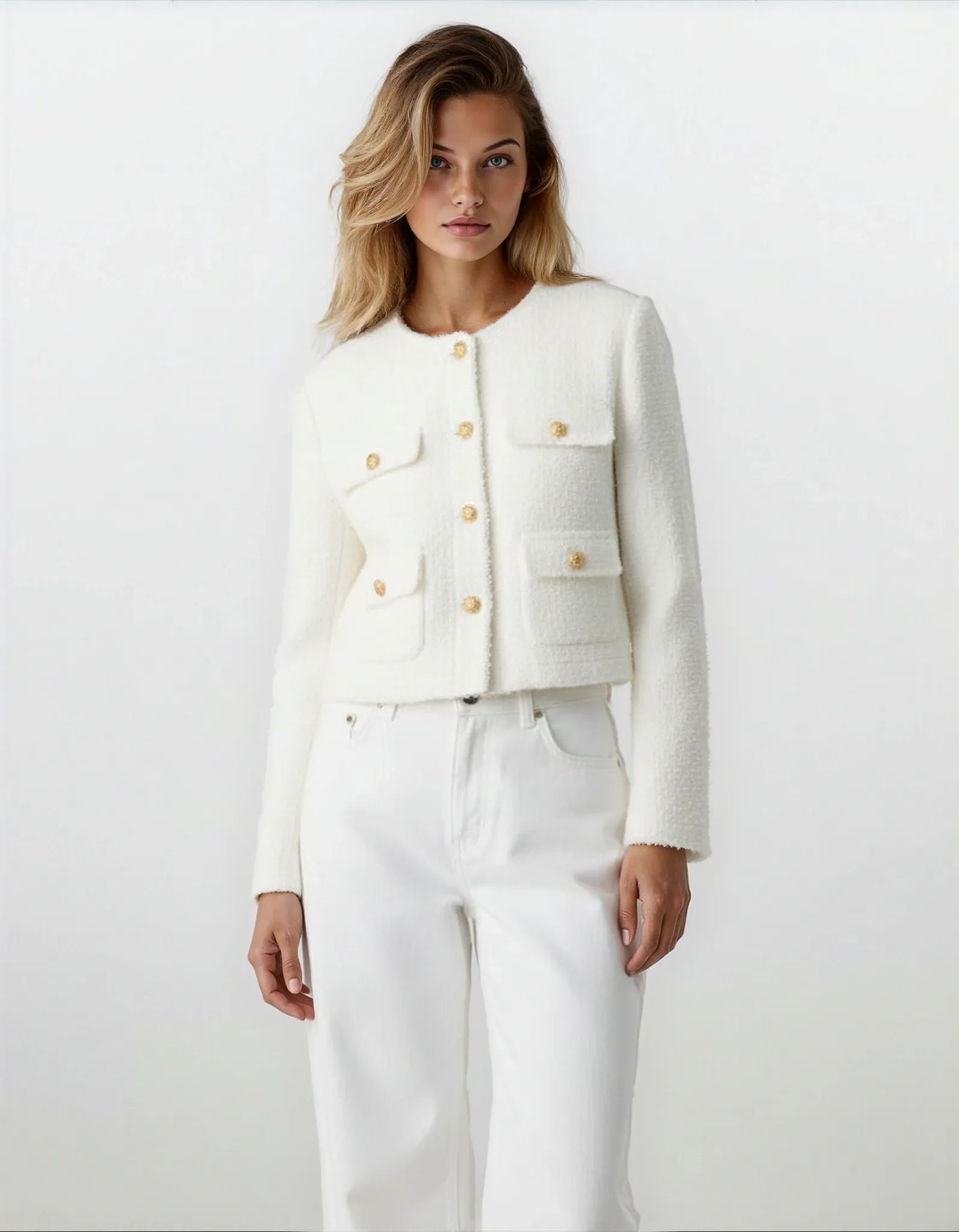 Savile – Cropped Collarless Blazer with Gold Buttons