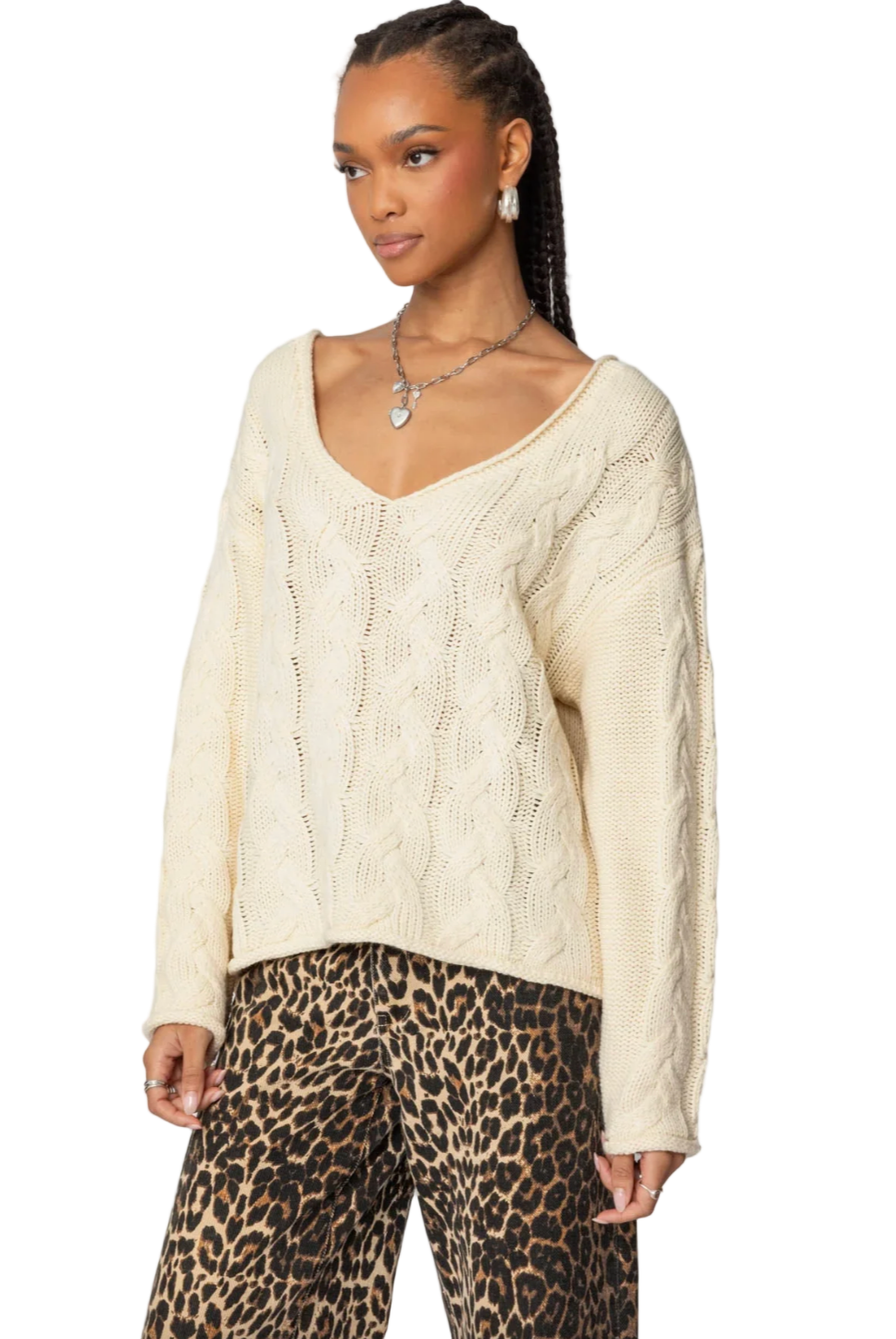 Mia – Cream Oversized Cable-Knit V-Neck cardigan