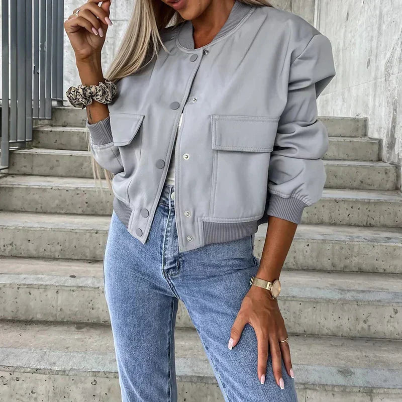Women's Bomber Jacket - Button Closure with Flap Pockets