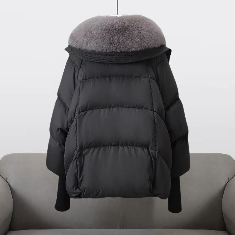 Women's Puffer Jacket - Wide Collar with Zip and Snap Closure