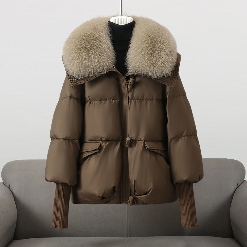 Women's Puffer Jacket - Wide Collar with Zip and Snap Closure