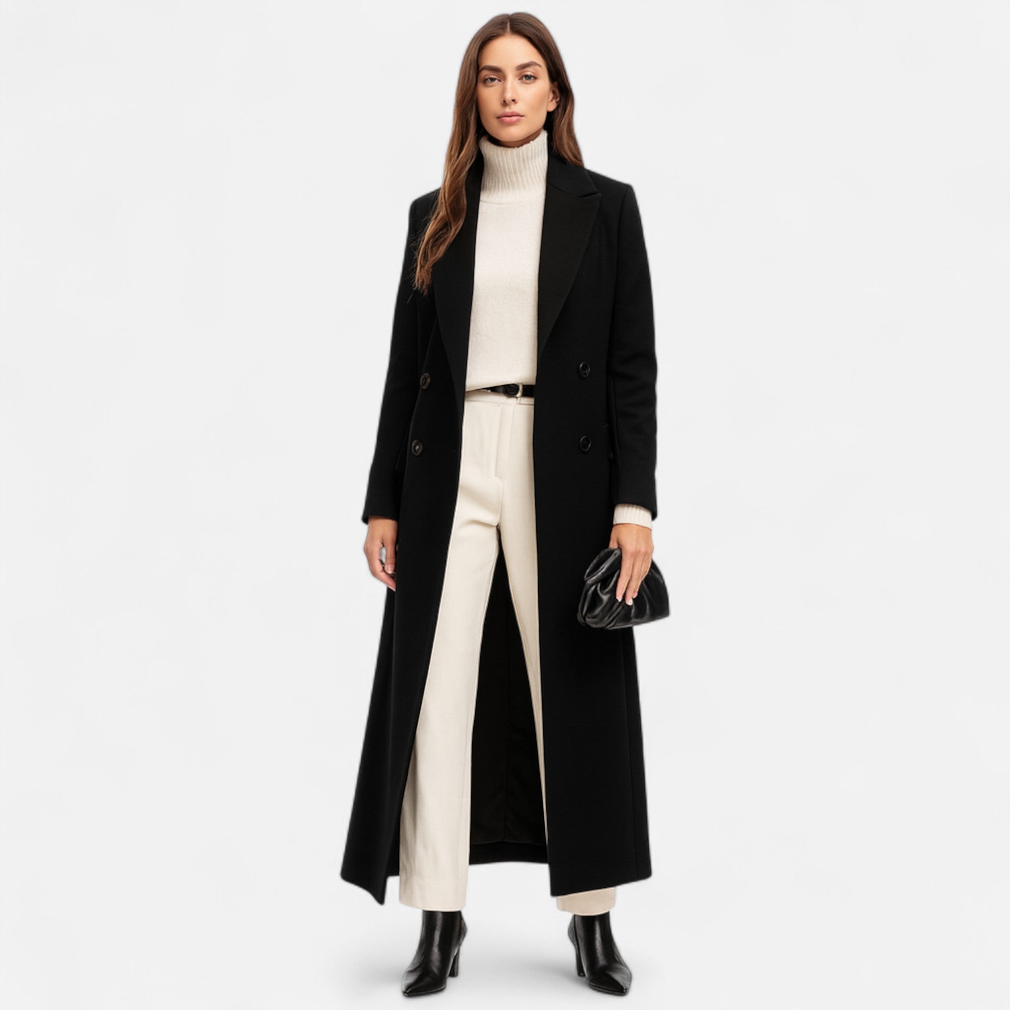 Women's Black Maxi Coat - Notch Lapel with Button Closure