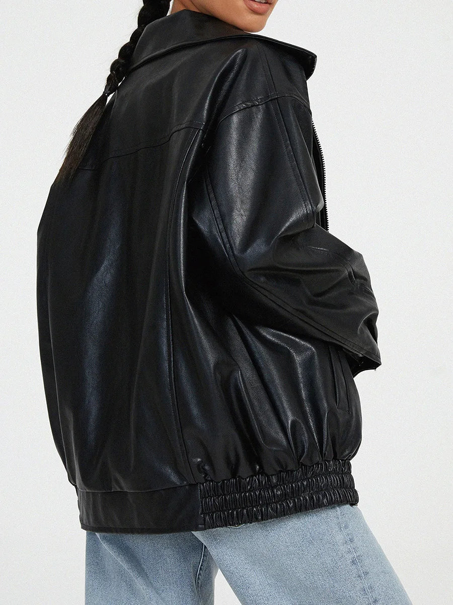 Women's Zip-Up Biker Jacket - Oversized Fit with Shirred Hem
