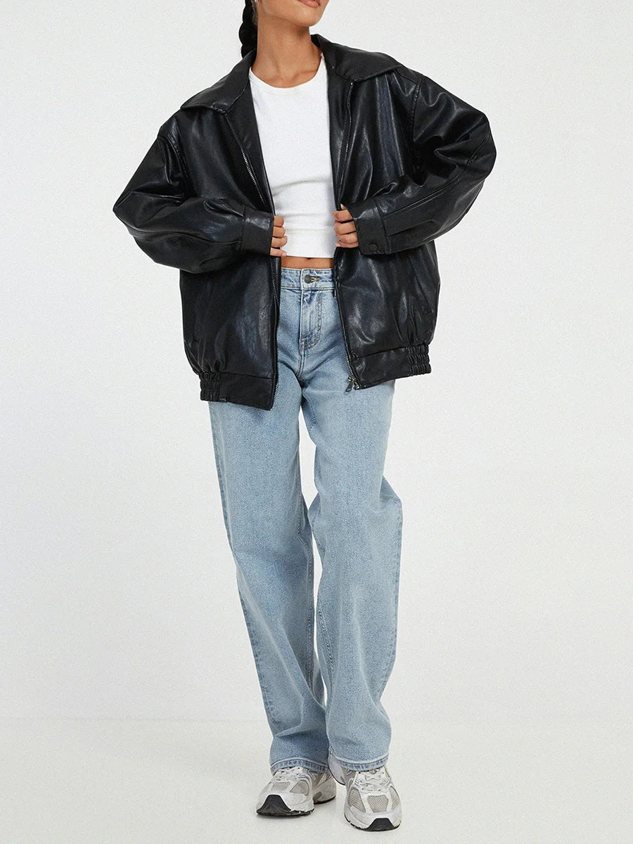 Women's Zip-Up Biker Jacket - Oversized Fit with Shirred Hem