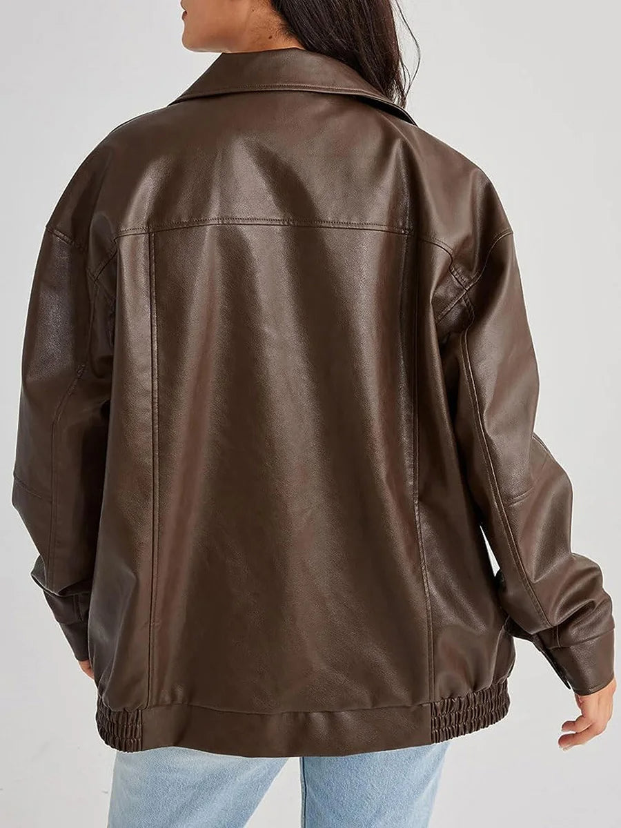 Women's Zip-Up Biker Jacket - Oversized Fit with Shirred Hem