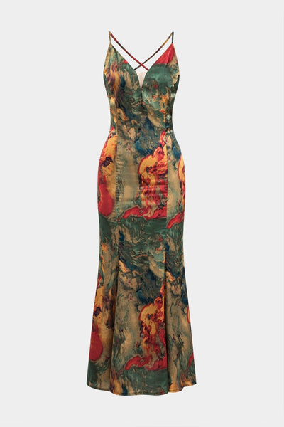 Fynelle-boutique Women's Maxi Dresses Multicolore / S Impression à l'aquarelle Robe Longue Dos Nu