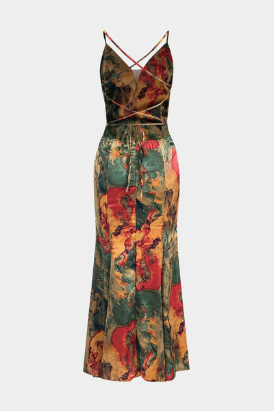 Fynelle-boutique Women's Maxi Dresses Impression à l'aquarelle Robe Longue Dos Nu