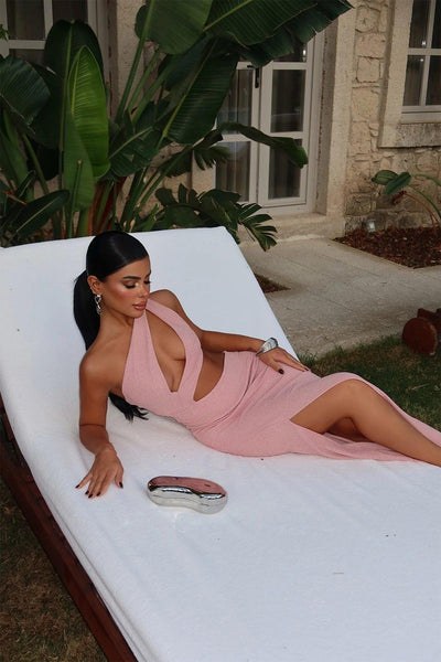 Robe Longue Asymétrique Pailletée Rose