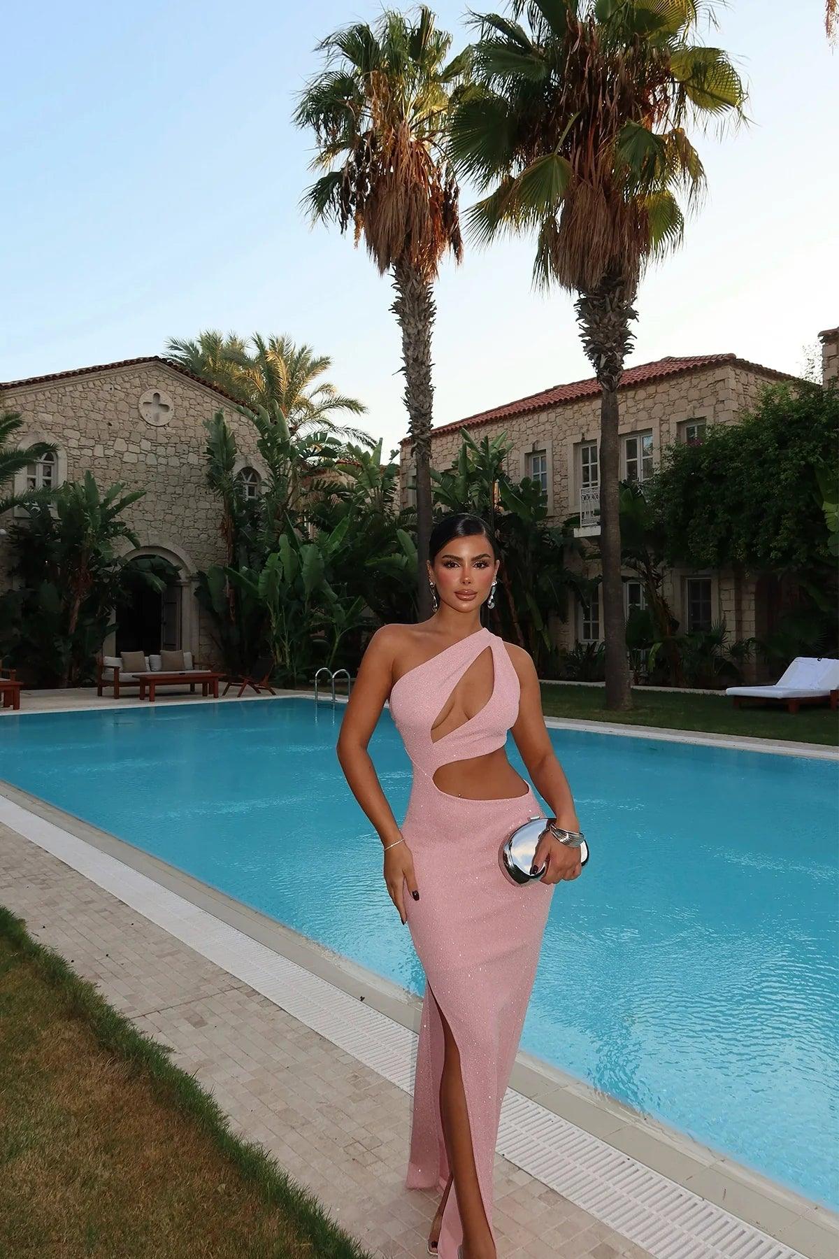 Robe Longue Asymétrique Pailletée Rose