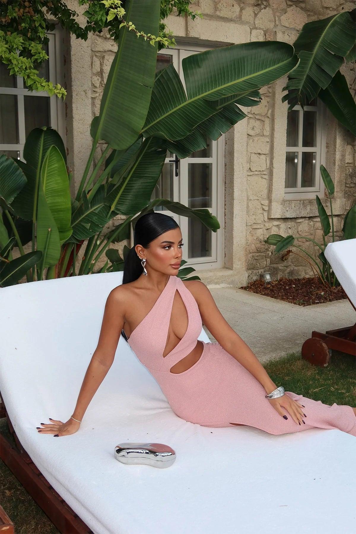 Robe Longue Asymétrique Pailletée Rose