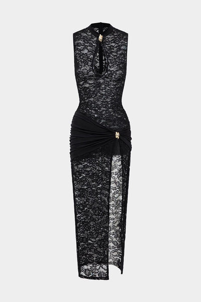 Fynelle-boutique Women's Maxi Dresses Noir / S Robe Fendue Dentelle Métallisée