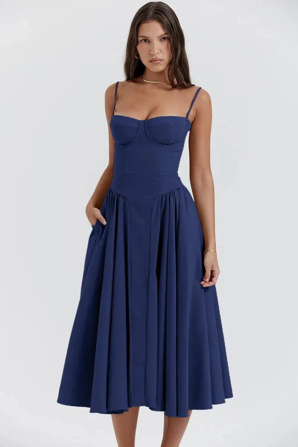 Fynelle-boutique Invité de mariage Bleu marine / XS Robe Midi avec Corset