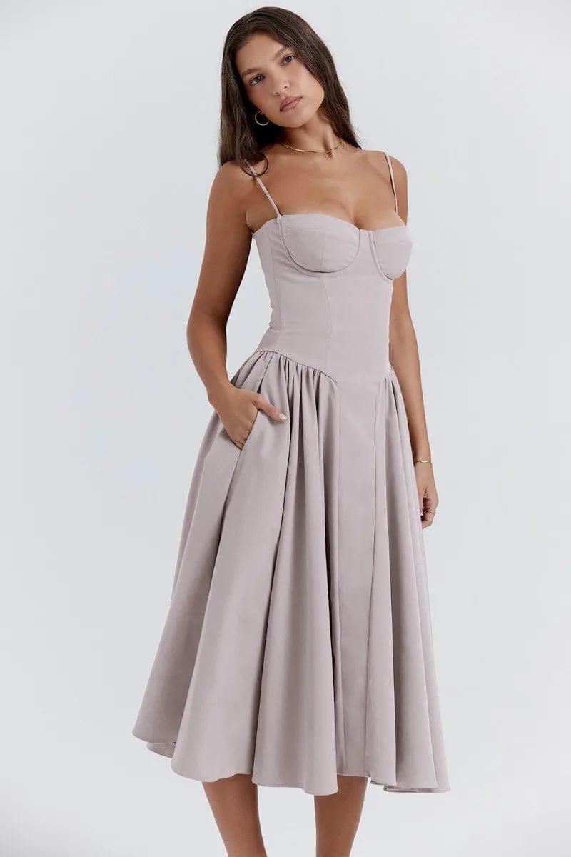 Fynelle-boutique Invité de mariage Gris clair / XS Robe Midi avec Corset