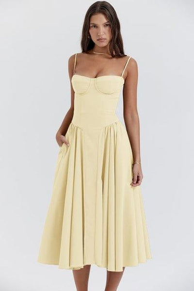 Fynelle-boutique Invité de mariage Jaune / XS Robe Midi avec Corset