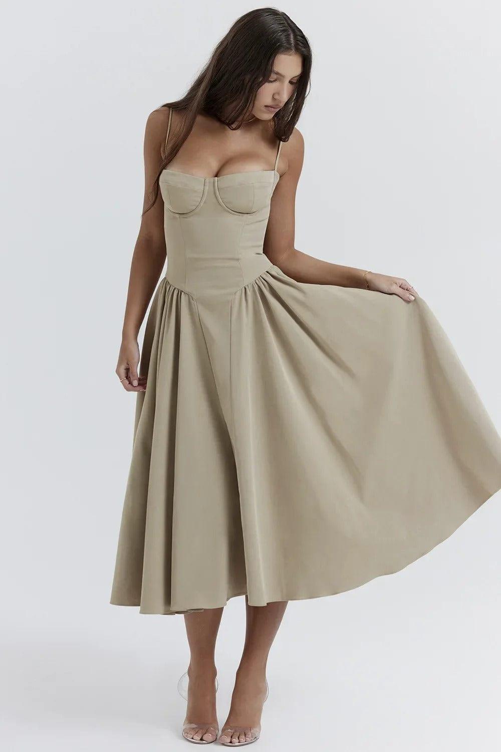 Fynelle-boutique Invité de mariage Kaki / XS Robe Midi avec Corset