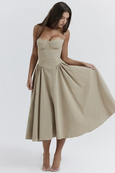 Fynelle-boutique Invité de mariage Kaki / XS Robe Midi avec Corset
