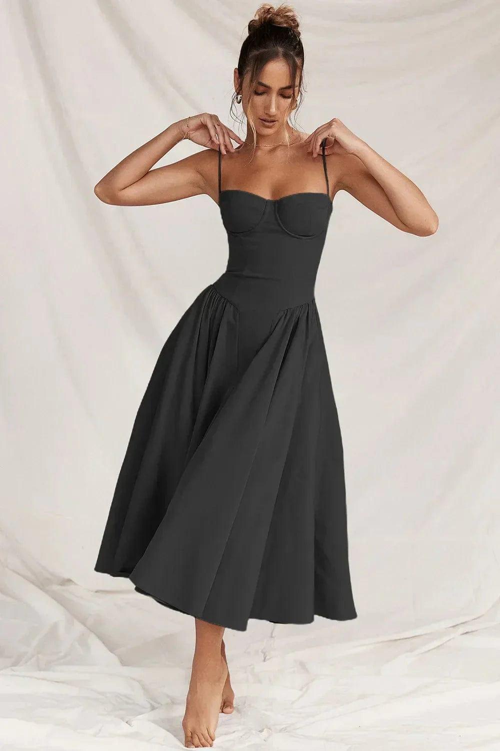 Fynelle-boutique Invité de mariage Noir / XS Robe Midi avec Corset