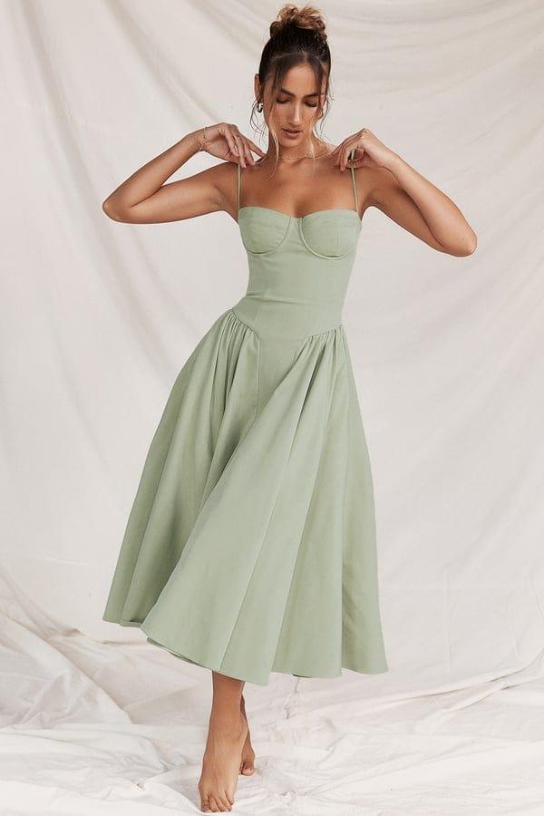 Fynelle-boutique Invité de mariage Vert clair / XS Robe Midi avec Corset