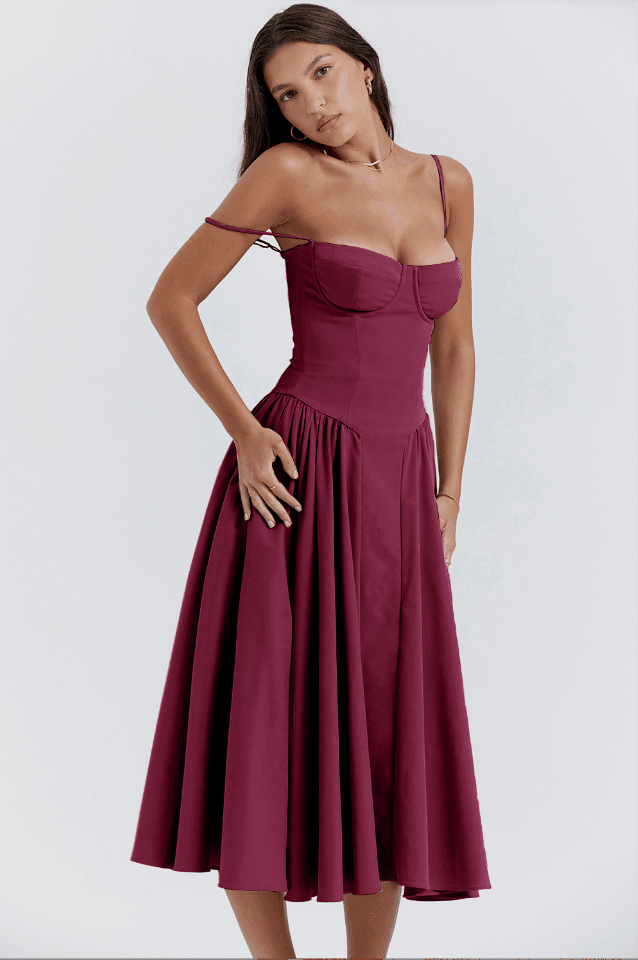 Fynelle-boutique Invité de mariage Vin rouge / XS Robe Midi avec Corset