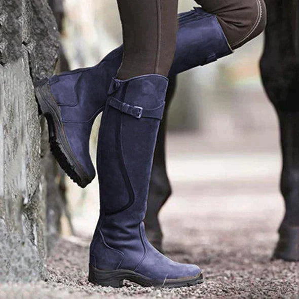 Women's Knee-High Boots - Buckle Strap and Rugged Sole