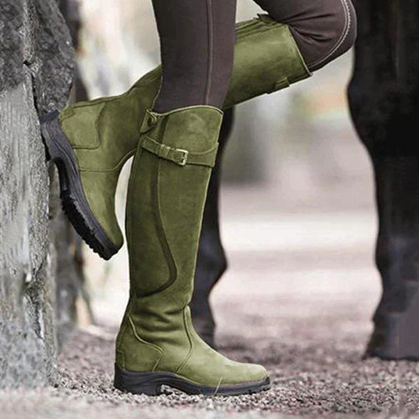 Women's Knee-High Boots - Buckle Strap and Rugged Sole